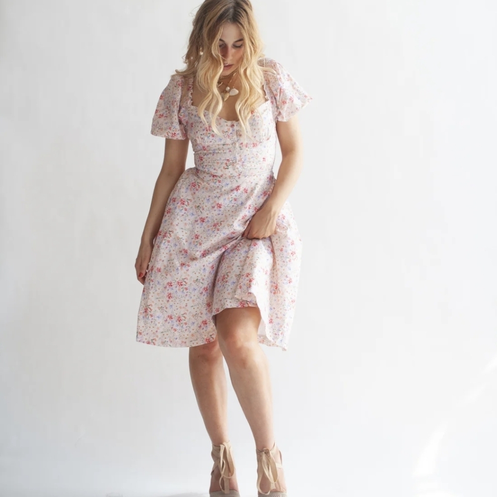 The Venus Dress: Elegant Floral Midi Dress in Soft Pink